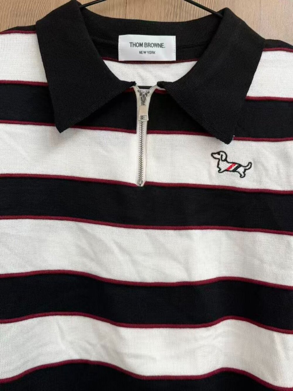⚫Thom Browne Black White Red Stripe Half Zip Polo Dachshund Knit Top - Picture 3 of 7